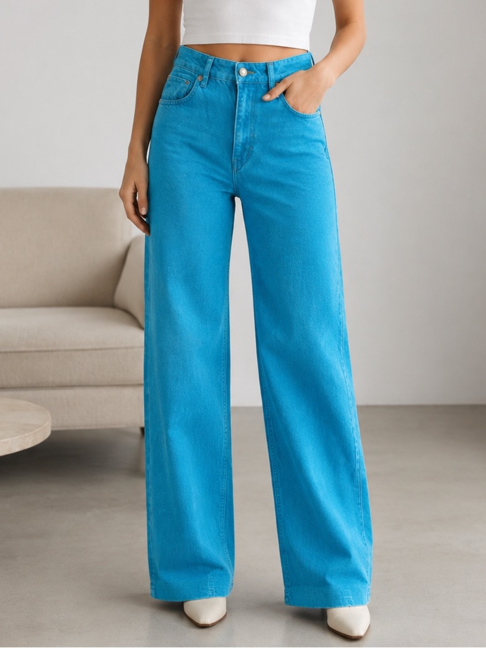 NWT Zara Turquoise Blue Wide Leg Jeans Size 2 26 XS High Rise 100% Cotton